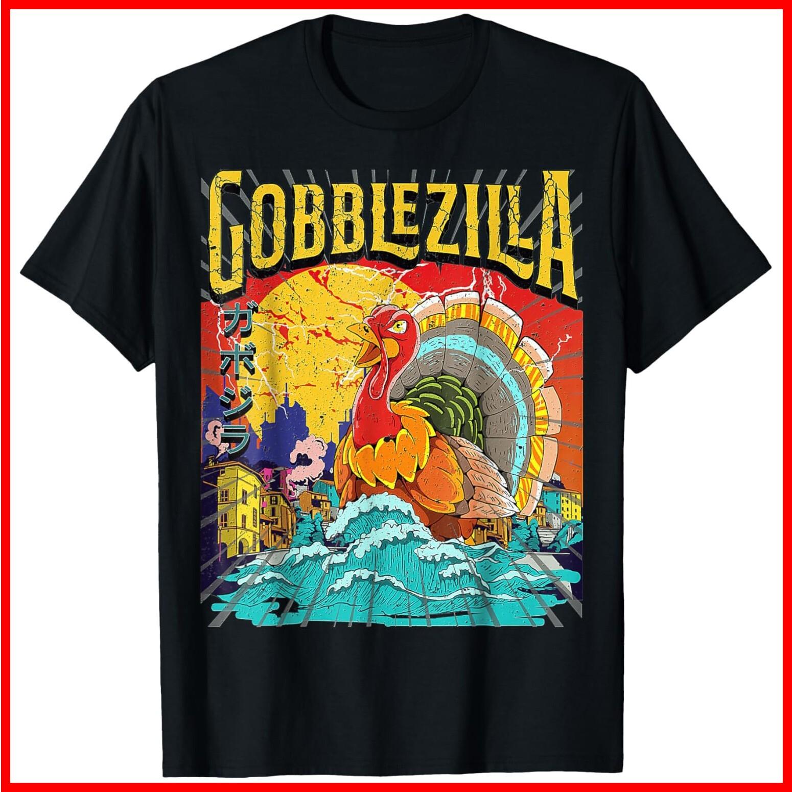 Gobblezilla Turkey Day Thanksgiving Black Cotton T-Shirt S-5XL XXXXL