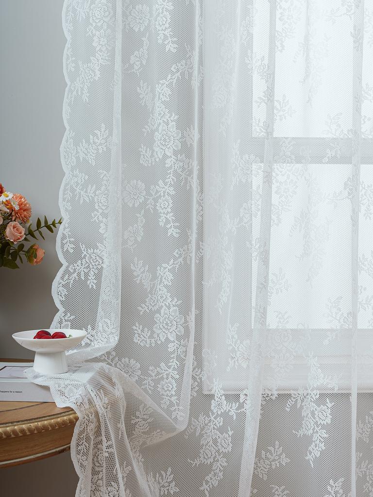 1PC White Romantic Lace Curtain Sheer for Living Room Bedroom Bay Window Rose Floral Design Country Style Window Treatment