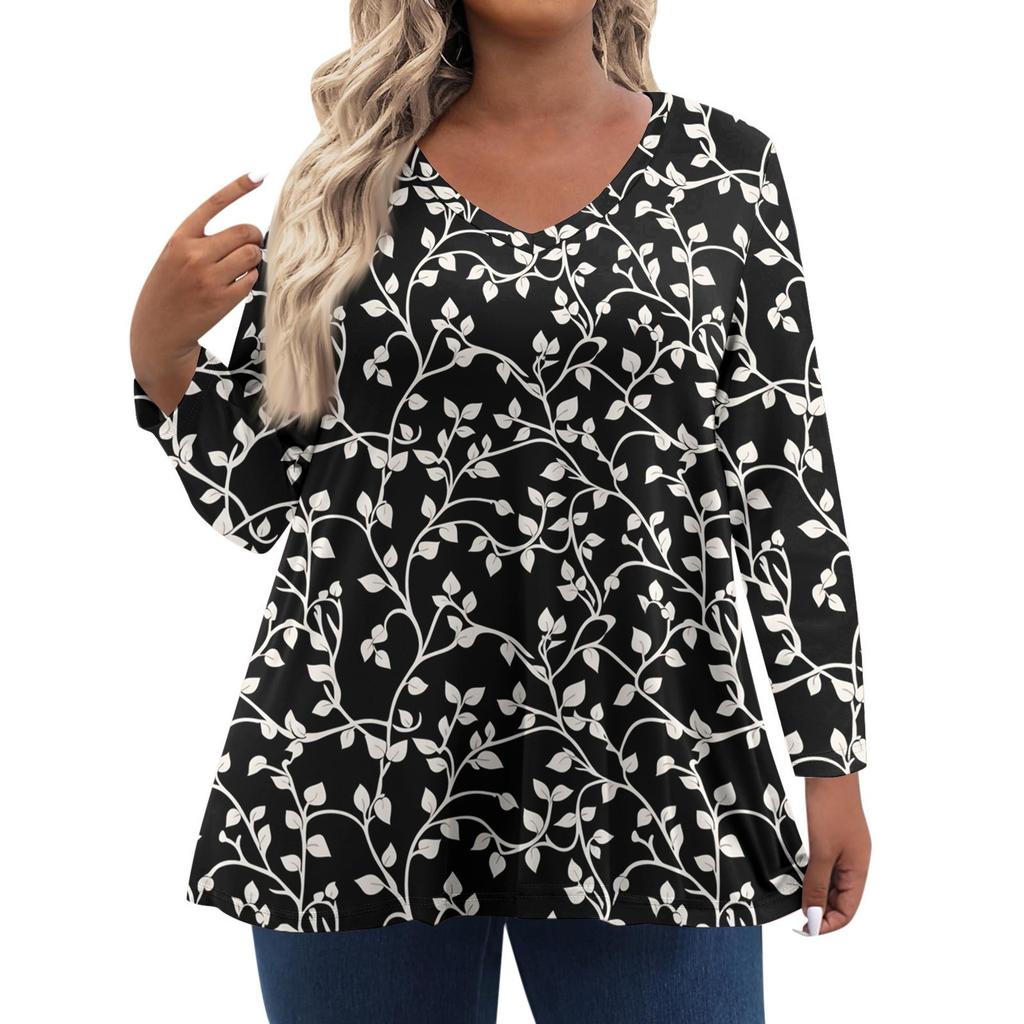 Women's Fashionable Casual Long Sleeved Plus Size Floral Print Top Plus Size Floral Print Top