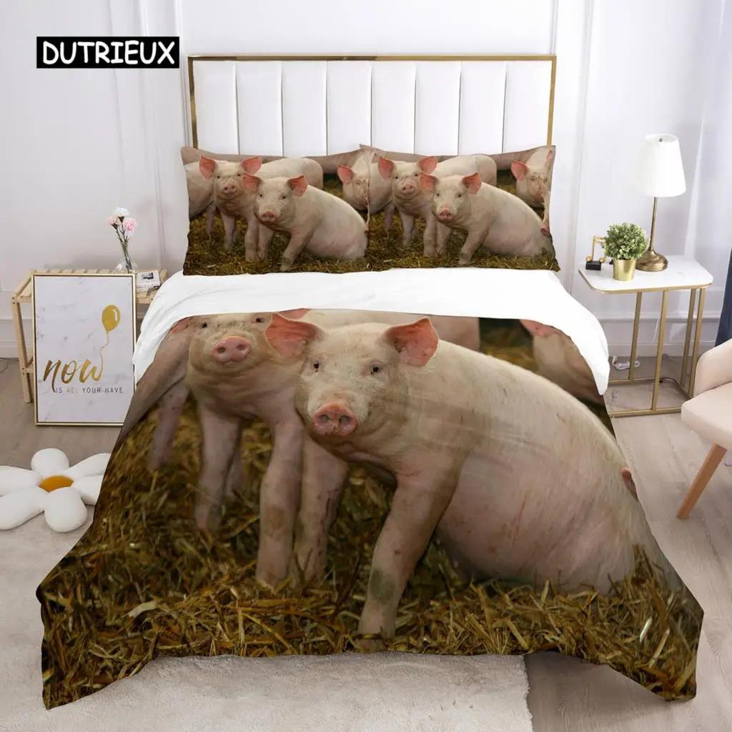 Sada povlečení na peřinu s motivem prasátka z mikrovlákna velikosti Queen, roztomilé prasátko, zvířecí motiv, sada pro dva, farmářská zvířata, 23dílná, povlečení na peřinu pro chlapce a dívky
