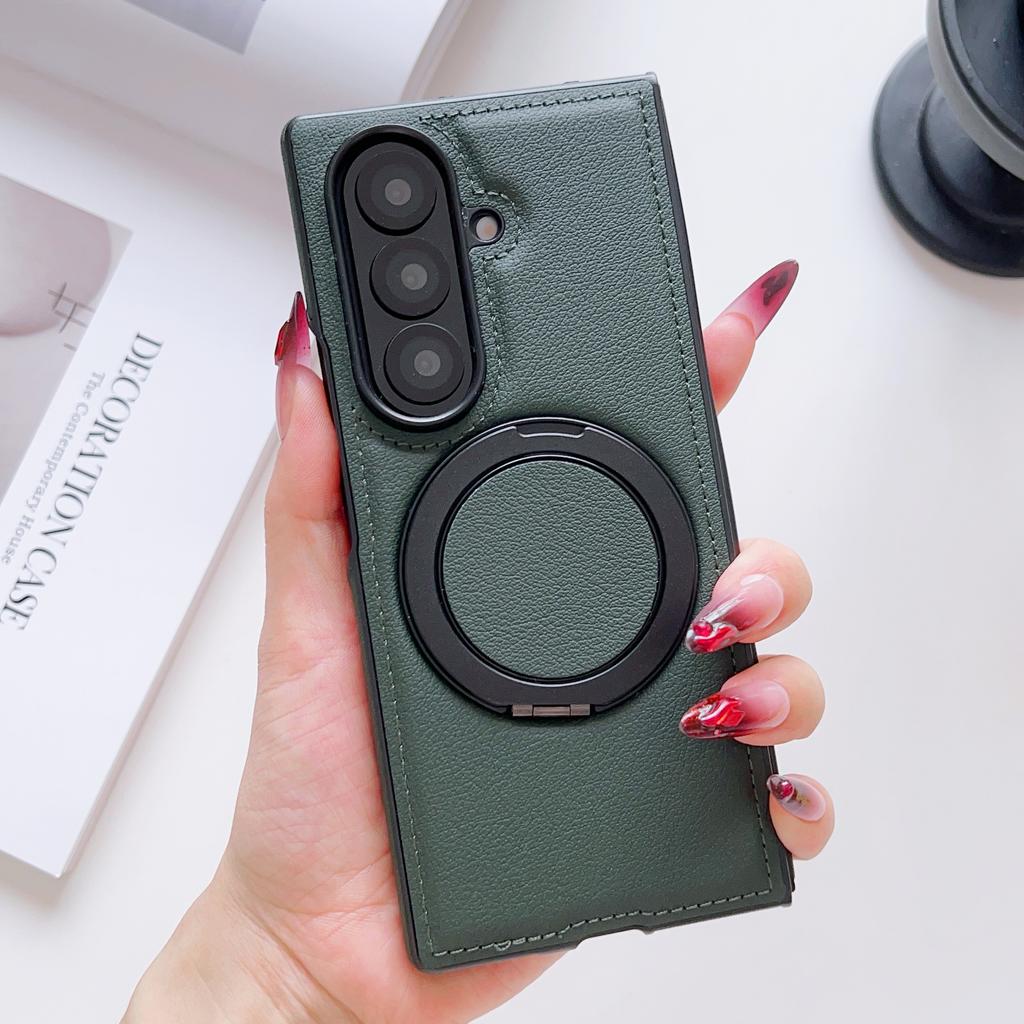360 Rotating Aluminum Folding Kickstand PU Leather Phone Case for Samsung Galaxy Z Fold 7 6 5 4 Wireless Charging Magnetic Cover