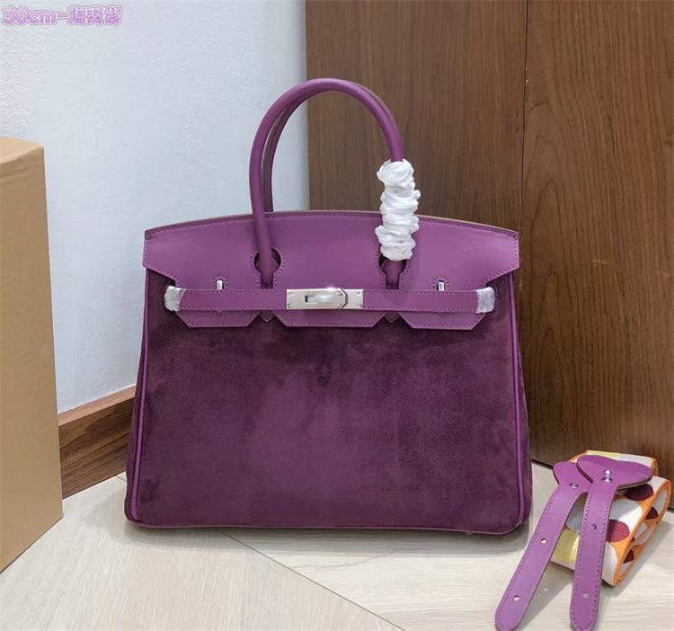 Retro Hand-sewn, First Layer Swift Cowhide Suede BK25/30cm Genuine Leather Handbag Women s Bag 25cm
