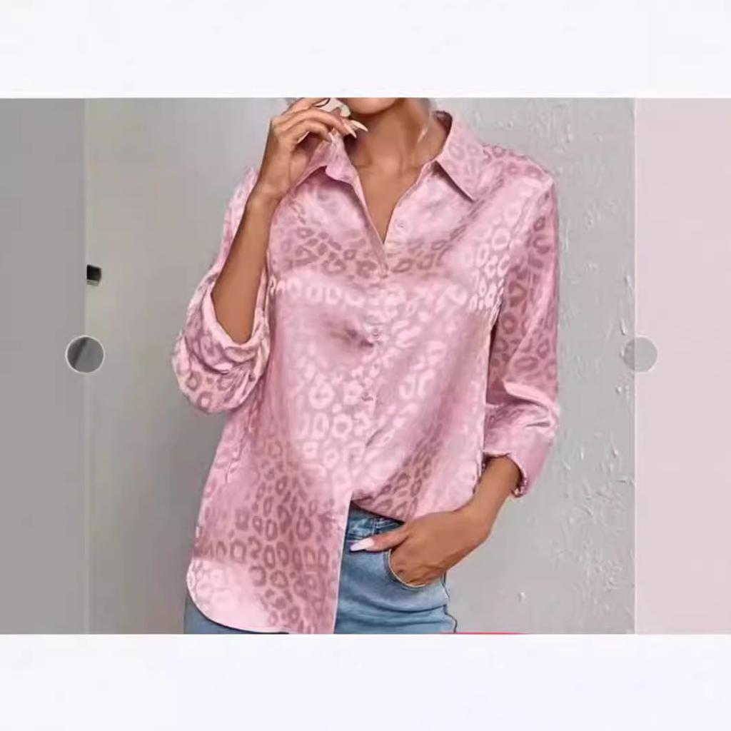 Women's Long Sleeve Blouse Turn Down Collar Elegant Leopard Print Shirt