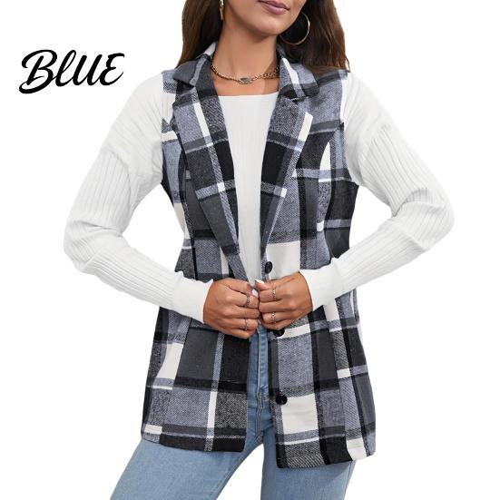Single-breasted Coat Fall Spring Women Vest Plaid Printing Turn-down Collar Sleeveless Button Dark Tone Down Warm Mid Length Retro Waistcoat