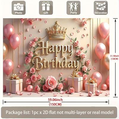 2D Girls Happy Birthday Photo Backdrop Banner Pink Gold Crown Rose Balloon Gift Party Background Cloth