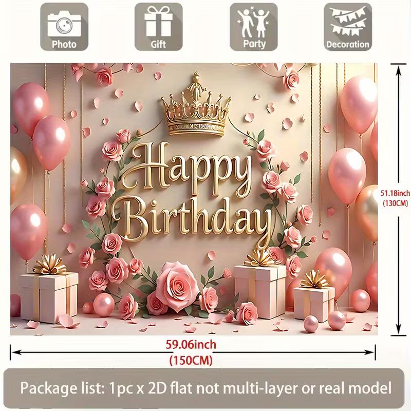 

2D Girls Happy Birthday Photo Backdrop Banner Pink Gold Crown Rose Balloon Gift Party Background Cloth 47.2x31.5inch/120*80cm
