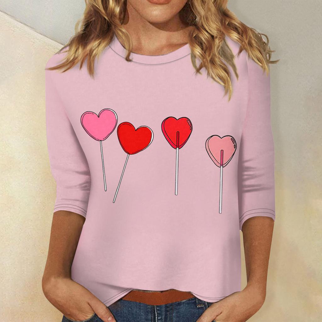 Women's Fashion Casual Round Neck 3/4 Sleeve Loose  Printed T-Shirt Ladies Top