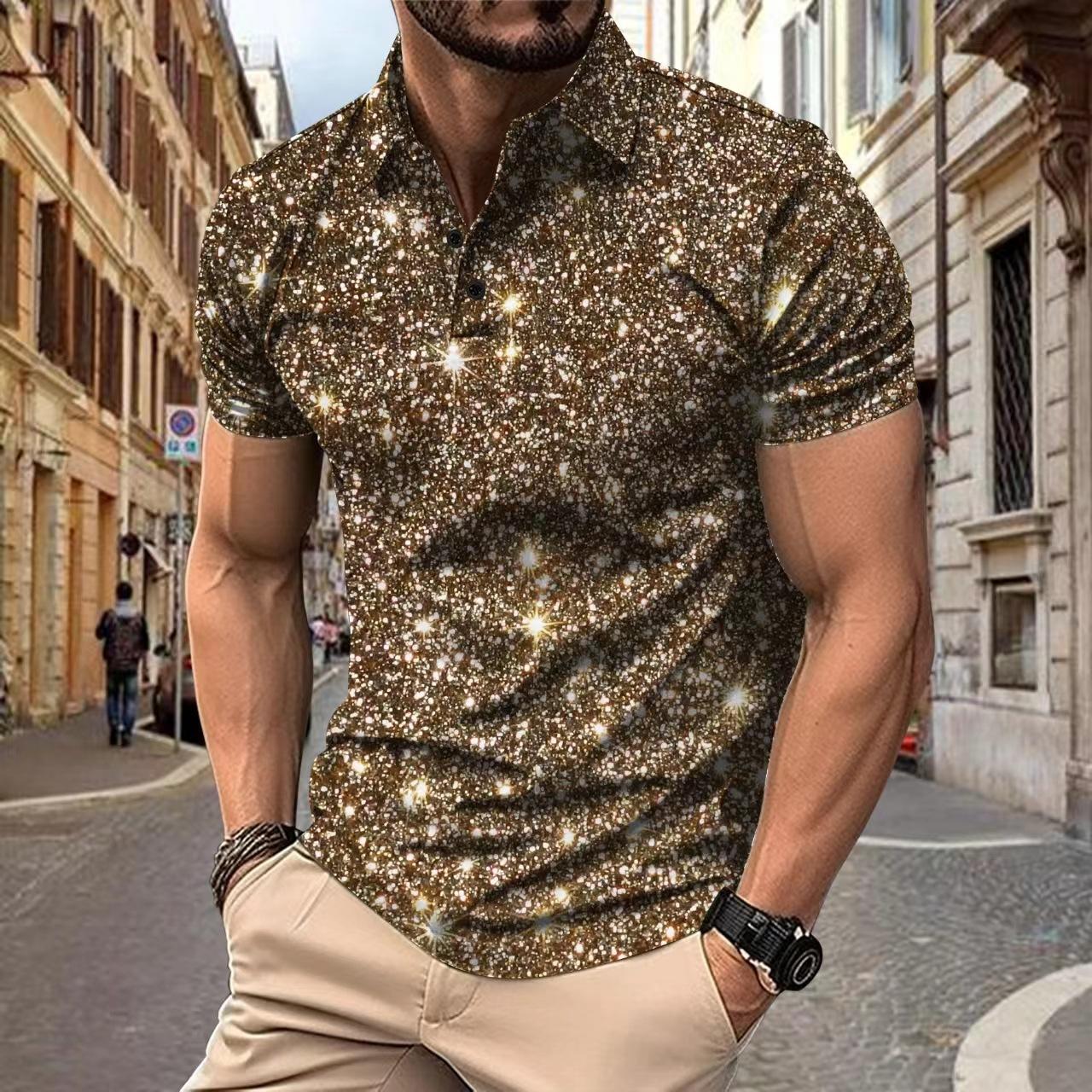 Cloth W Heren Polo T-shirts Mode Casual Korte Mouw 3D Sparkle Pailletten Print Heren Sport Shirt XL kaki