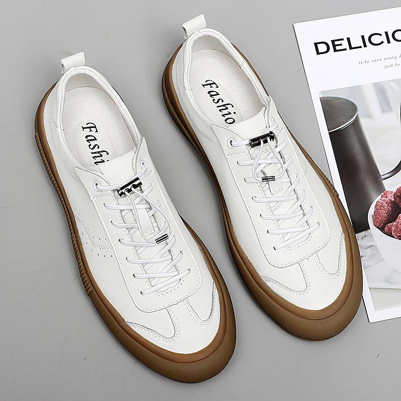 2024 New Two-layer Cowhide Board Shoes Low Top Men's Shoes Summer Casual Black White Leather Flat Shoes Lace-up  Male Sneakers
