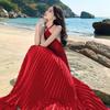 Belle Robe Bleue à Col Halter pour Vacances au Bord de la Mer, Robe Plissée Piano Irrégulière pour le Voyage
