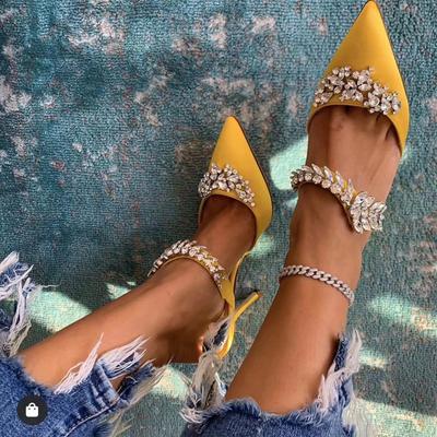 Satin Lurum Pumps Dazzle Crystal Pantoletten mit Fesselriemchen Slip-On Spitz zulaufende Stiletto-Sandalen mit Strasssteinen für Damen High Heels