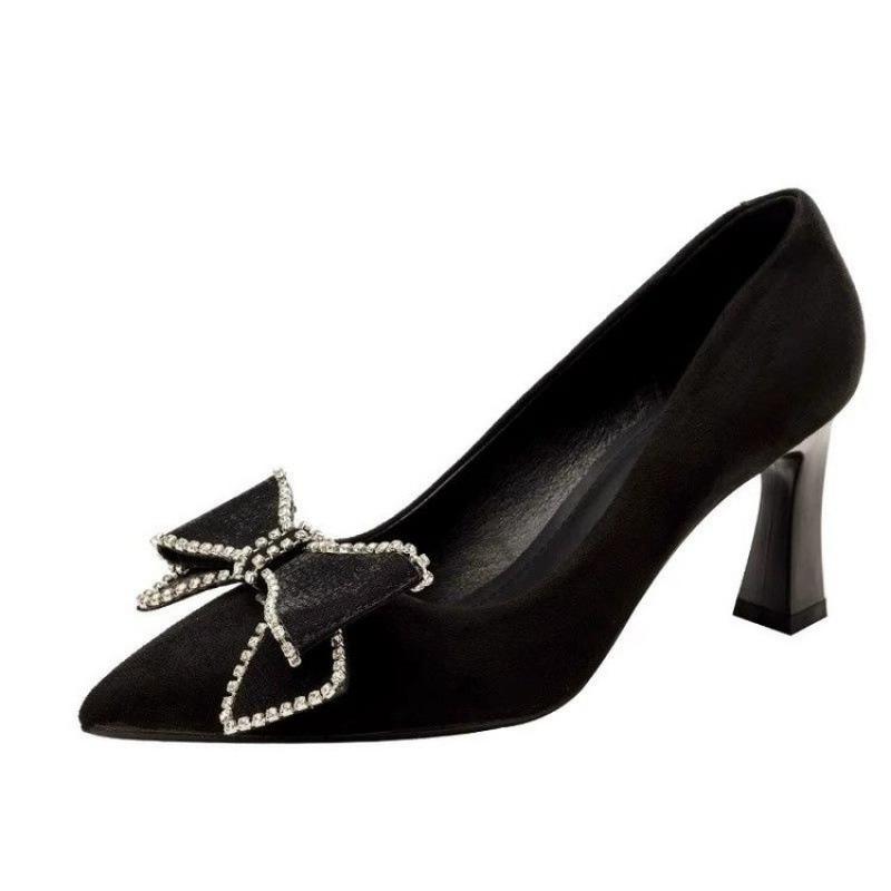 

Pointed rubber one-pedal low-top shoes thick heel cow suede (frosted leather) PU shallow mouth single shoe middle heel (3-5cm) 41 чёрный