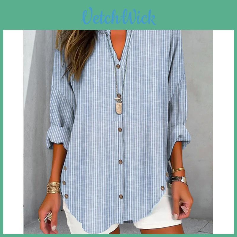Women Autumn Winter Long Sleeve Stripe Shirt With 3d Effect And Button Details For Casual Office Wear