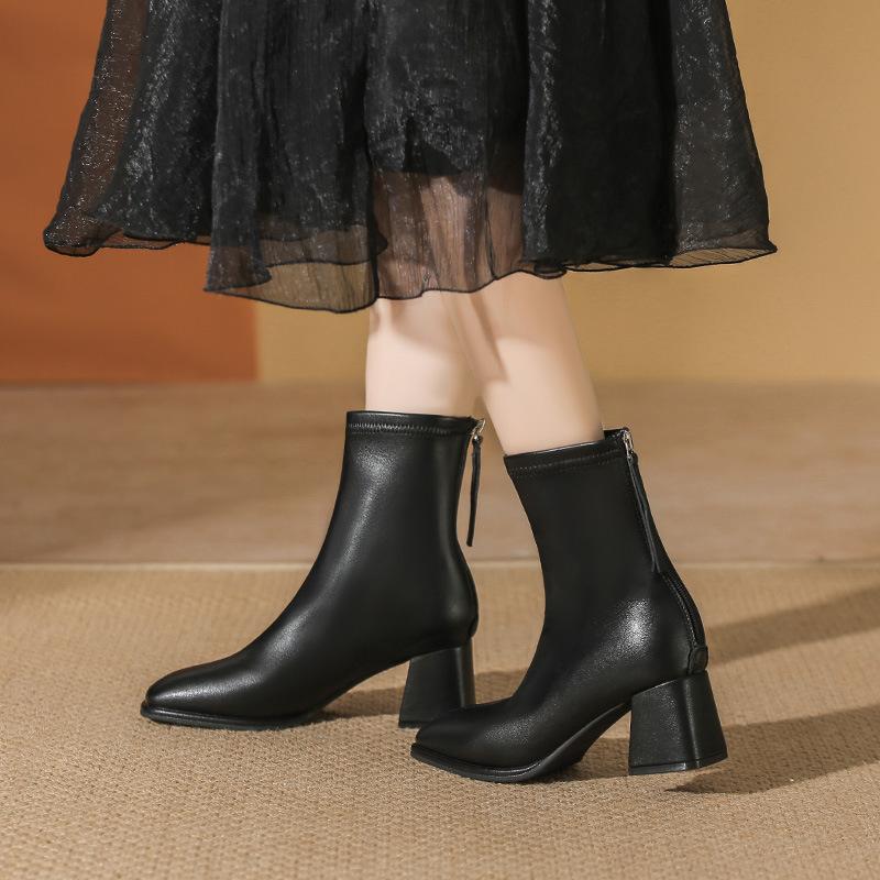 White short boots women's high heels 2025 autumn and winter new velvet square head thin boots medium thick heel short Martin boots