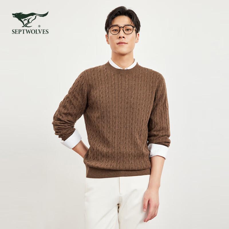 SEPTWOLVES Men's Cable Knit Round Neck Wool Sweater