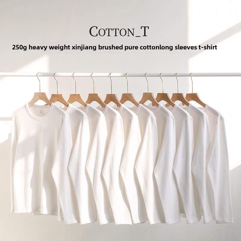 250g Heavyweight Pure Cotton Unisex Long-Sleeved T-Shirt, Solid White Round Neck, Women's Versatile Base Layer