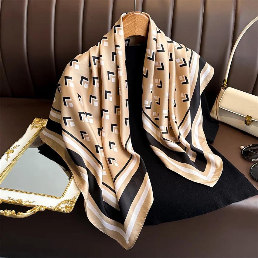 2025 New 90*90cm Fashion Scarves Women Shawl Print Silk Satin Hijab Bandana Luxury Brand Square Ladies Bandanna Foulard Muffler