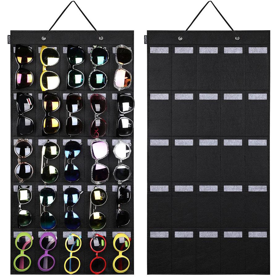 1PC Sunglasses Storage Hanging Bag - 15 or 25 Felt Slot Sunglasses Organiser Eyeglasses Display with Sturdy Cord Black-L