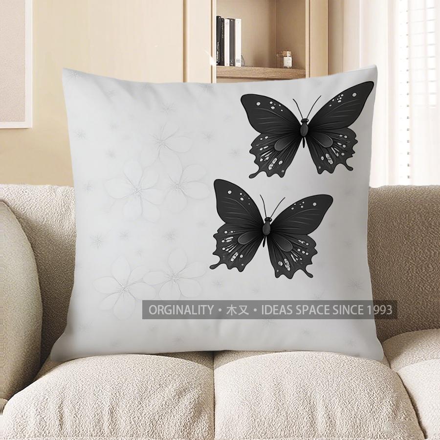 Home Decor Black Butterfly & White Flowers Throw Pillow Pattern Cushion Cover Suitable For Sofa Bedroom Car Pillow Cover
