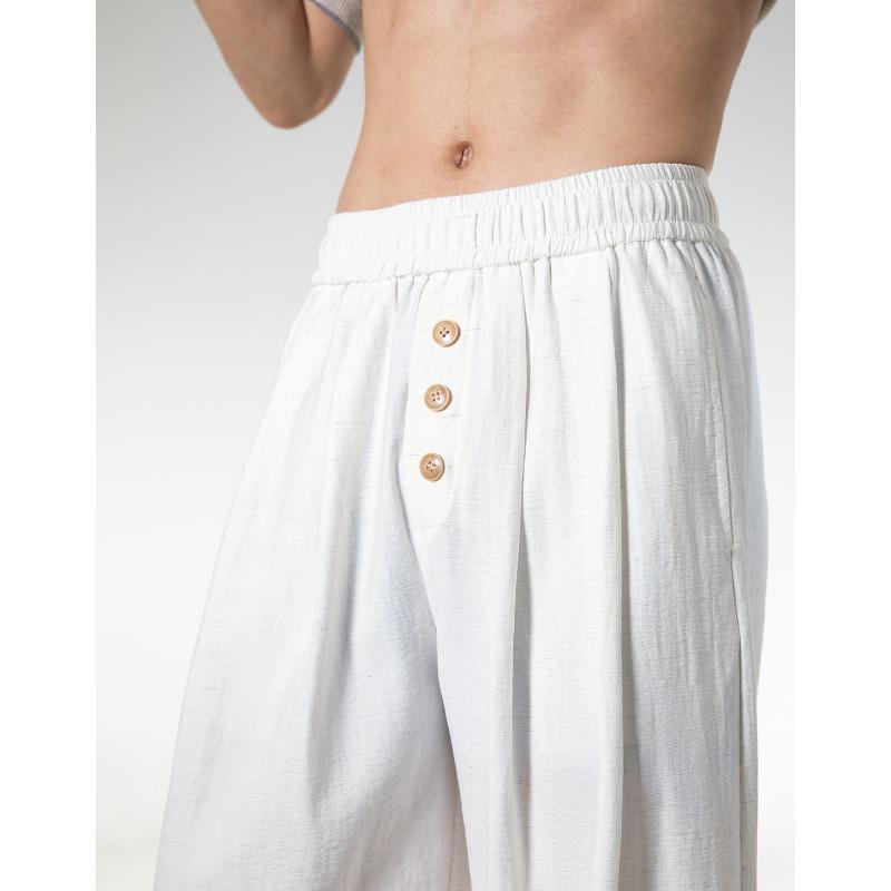 Mens Loose Straight Long Contrast Color Button Front Casual Pants