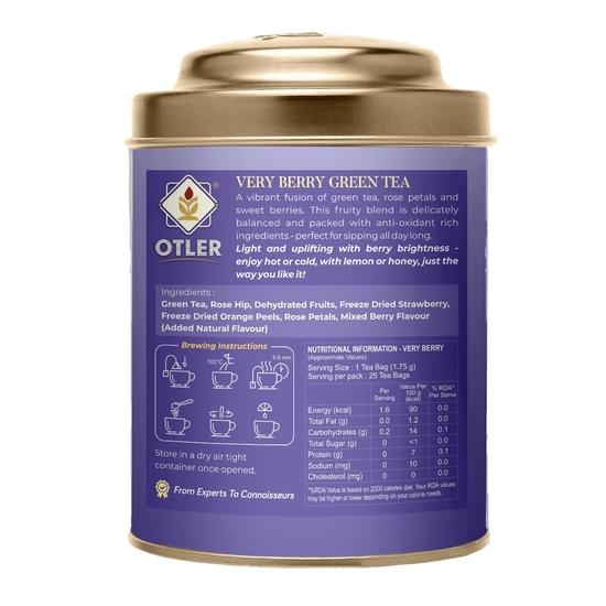 Otler Very Berry Grüner Tee – 25 Teebeutel in Metalldose – 100g – Erfrischender Grüntee mit Beerenaroma und mittlerem Koffeingehalt (Neu & Verbessert)