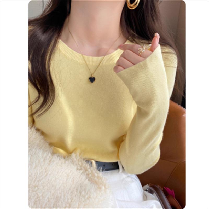 

Модный новый вязаный пуловер с круглым вырезом, базовый свитер с длинным рукавом для женщин, прилегающий крой, повседневный простой топ, элегантная однотонная базовая одежда One Size светло-желтого