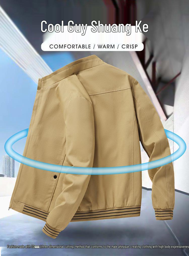 Men's Washed Cotton Casual Jacket - Spring/Autumn, Stand Collar, Dad's Top