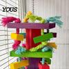 Durable Parrot Toy Chewing for Macaws African Greys, Colorful Wooden Block Puzzle with Cotton Rope Bird Tassels, Hanging Interactive