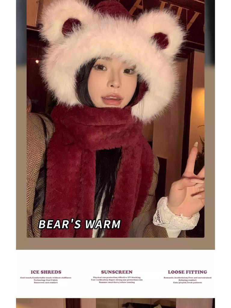 2024 Women's Red Angora Bear Hat with Thick Winter Scarf & Gloves