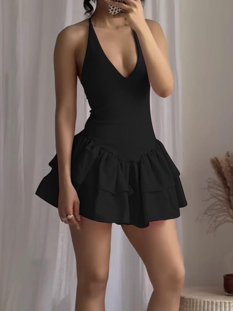 European & American Women's Summer V-neck Spaghetti Strap Dress - Sleeveless, Solid Color, Slim Waist, Backless, Short