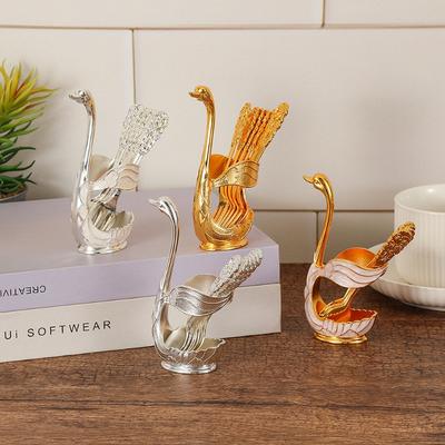 Swan Fruit Fork Storage Kitchen Creative Metal Craftware Set of Silver and Gold Color Spoons