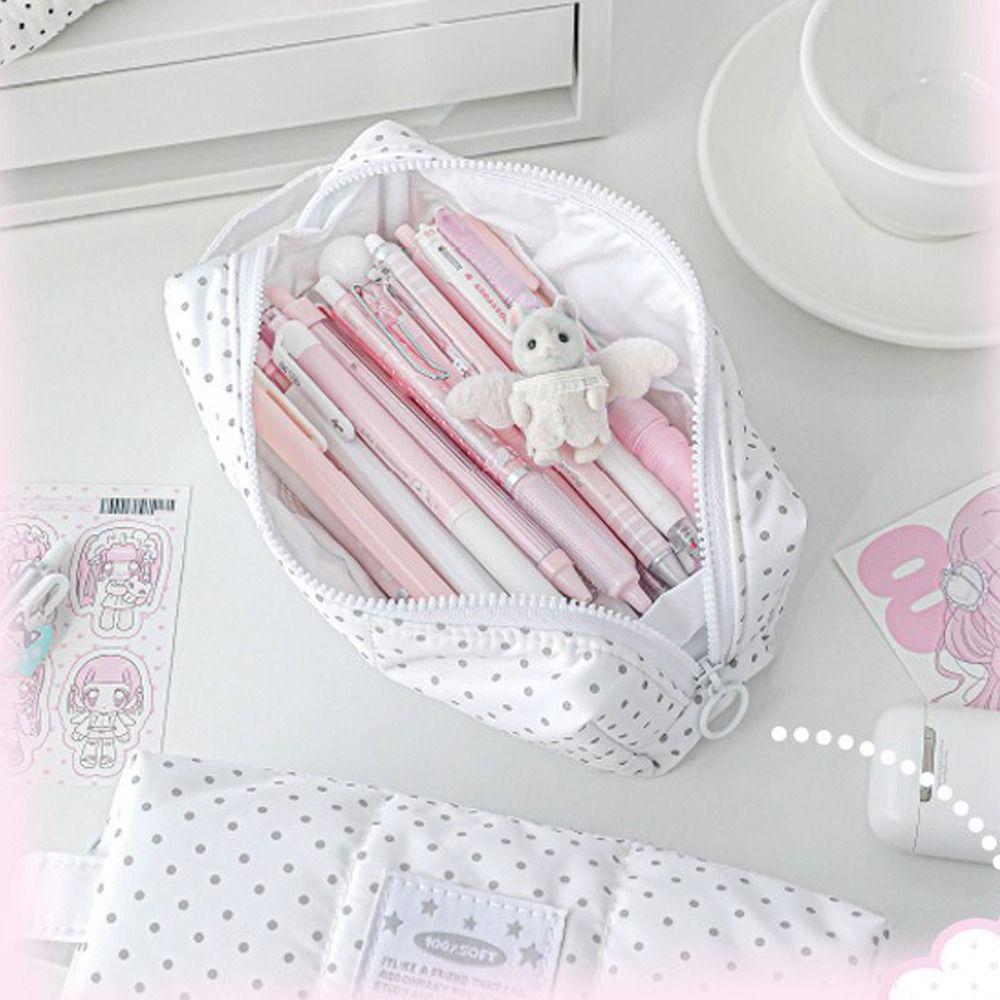 Multi-functional Polka Dot Pen Bag Zipper Hand-held Student Pencil Case Large Capacity Cosmetic Pouch Students Supplies