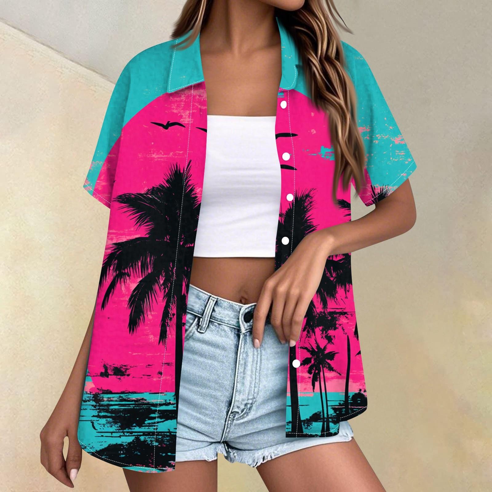 

Женская мода повседневная рубашка с коротким рукавом и лацканами на пуговицах L