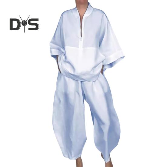 

Женский комплект из 2 предметов, рубашка и брюки, полузастежка-молния, воротник-стойка, рукава девятый, широкие брюки, свободный однотонный комплект, повседневная одежда M светло-синий