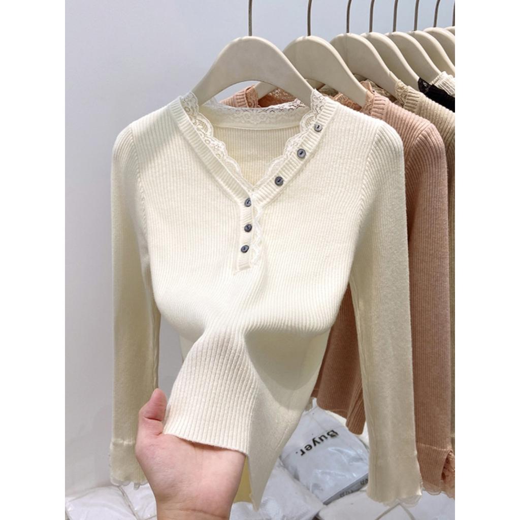 Button v-neck lace splicing knitted sweater women's autumn and winter slim-fitting and thin inner top bottoming shirt