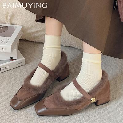Fur Square Toe Women Shallow Shoes Chunky Buckle Mid Heels Elegant Shoes 2025 Trend Winter Short Plush Fad Pumps Zapatos Ladies