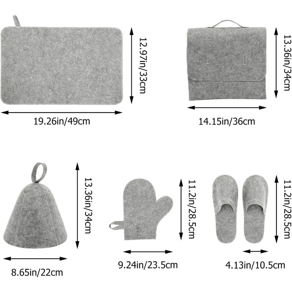 5-Piece Sauna Accessory Set Wool Felt Gloves Slippers Seat Cushion & Hat with Storage Bag for Hair Drying & Cleaning