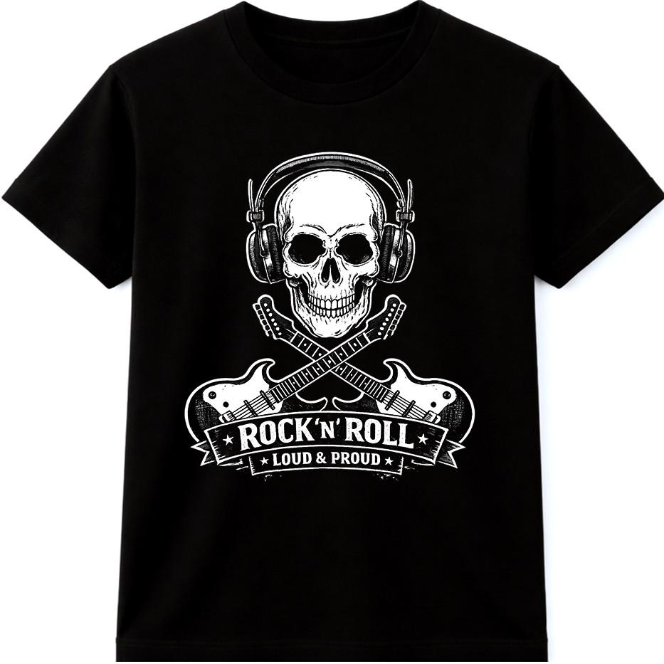 Rock Skull T-Shirt Guitar Headphones Biker Punk Metal Music Gift Graphic Tee S