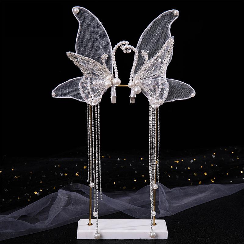 2pcs Handmade Beaded Butterfly Tassel Hair Clip Bridal Wedding Dress Banquet Makeup Headband Hair Accessories Hairband Decor