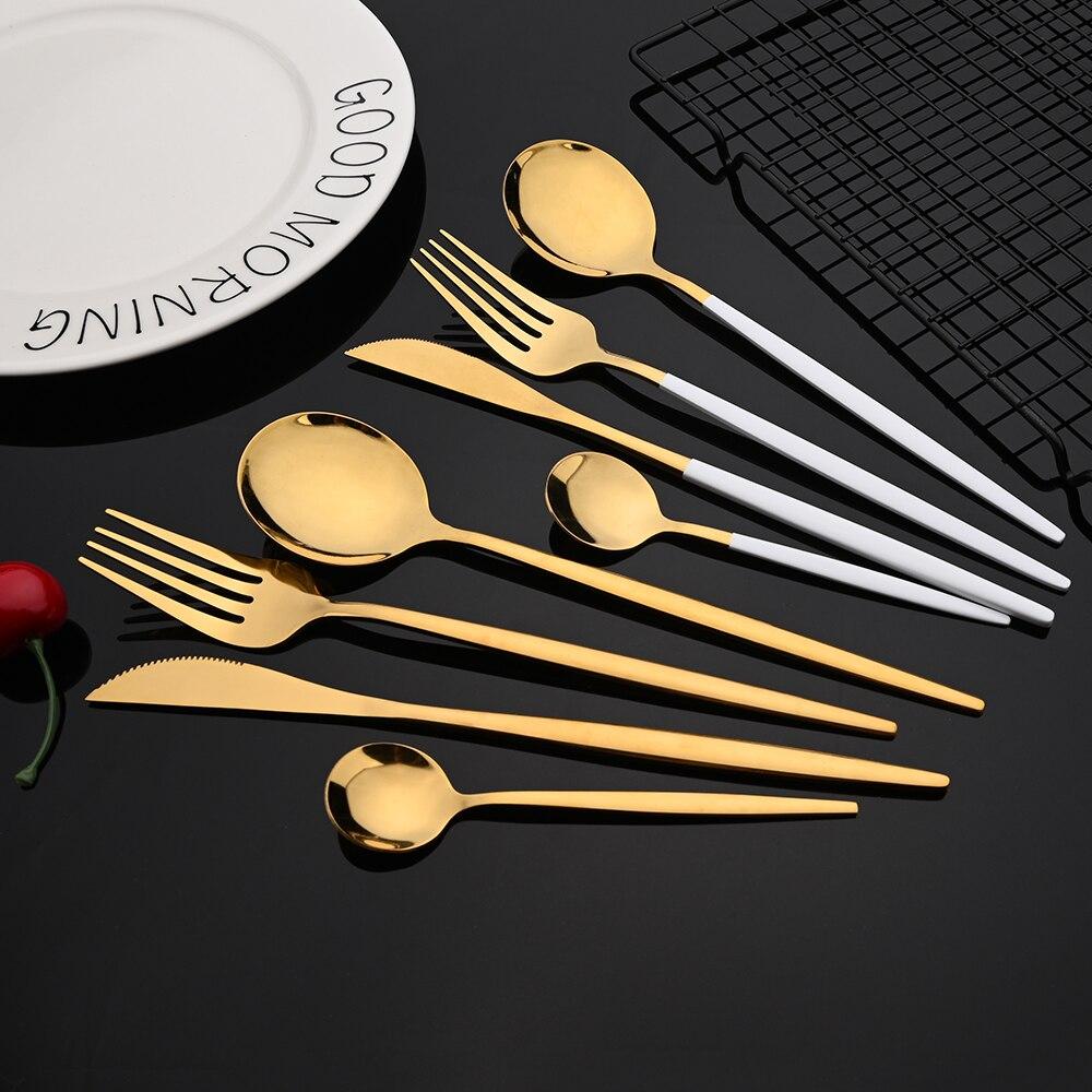 24Pcs Tableware Set Stainless Steel Dinnerware Knife Fork Spoon Dinner Flatware Kitchen Colorful Elegant Black Gold Cutlery Set