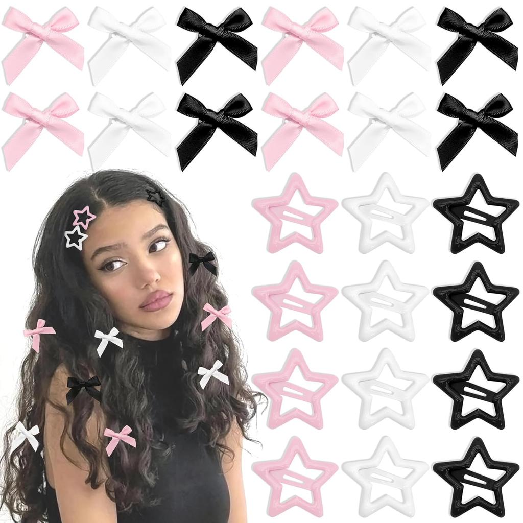 24 Stück/Set Y2K 3 Farben Stern Metall Haarspangen Schleife Mini Haarspangen für Frauen Mädchen Süße Schleife Haarspangen Haarschmuck