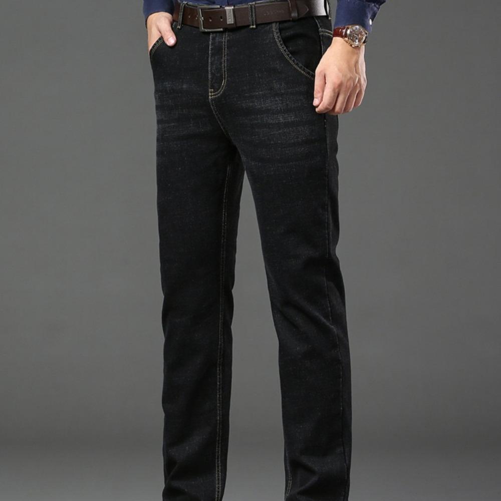 Winter Fleece Thick Jeans Men Business Casual Straight Trousers Male Classic Blue Black Jeans For Men Work Denim Man Pants