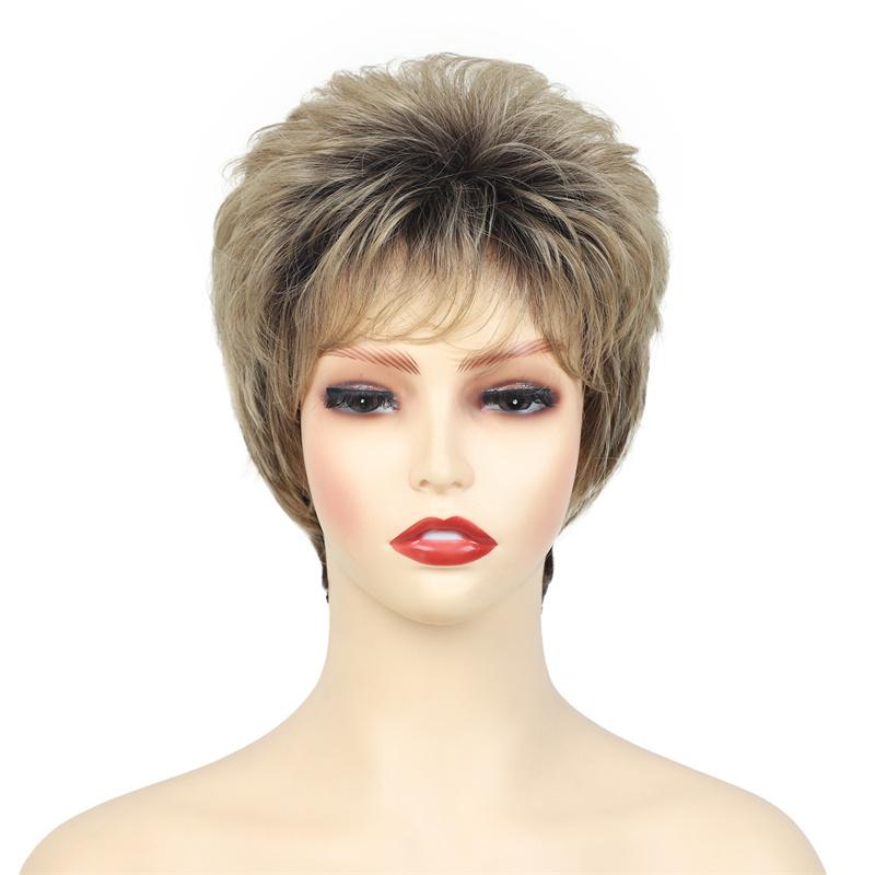 Synthetic Ombre Blonde Wigs for Women Short Hair Mom Wig with Bangs Brown Mixed Blond Pixie Cut Wigs Mother Grandma Gift Costume