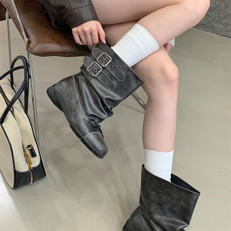 New bow short boots women's ballet style retro old short tube pleated black boots women's original