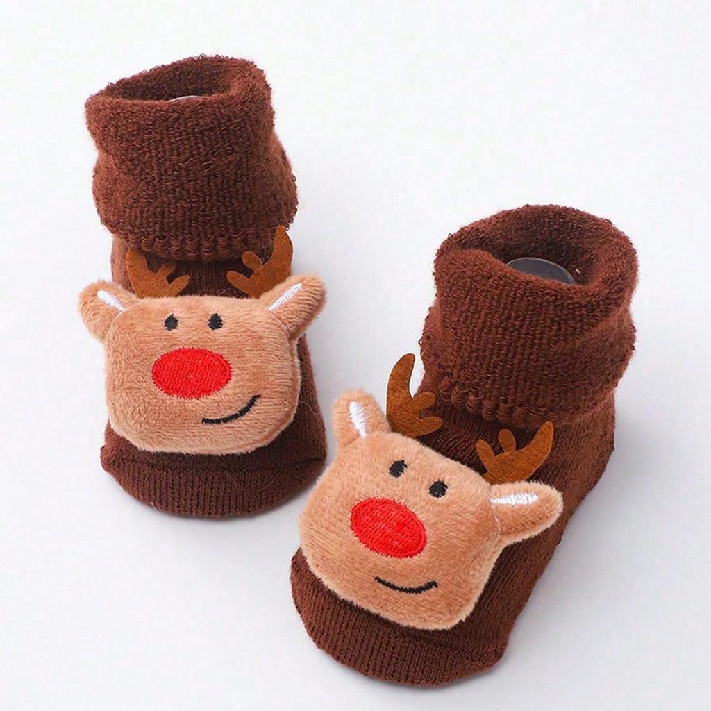 Baby Christmas Socks Santa Claus Snowman Reindeer Plush Knit Socks Non-Slip Crib Shoes for Infant Boys Girls First Xmas Outfits Toddler Gift