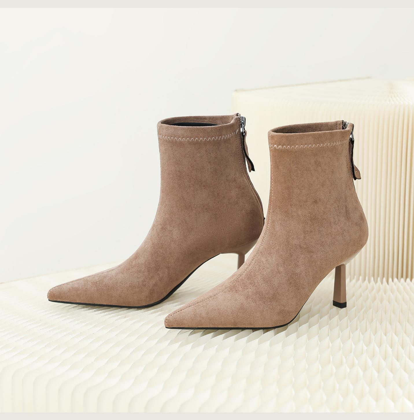 

Версия из коровьей кожи~ Женские короткие ботильоны на высоком каблуке 2025 новые весенне-осенние одинарные ботинки темпераментные остроносые тонкокаблучные замшевые эластичные тонкие ботинки 40