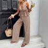 Ensemble 2 pièces élégant : Haut rayé sans manches à encolure en V et Pantalon large taille haute, Tenue décontractée d'été pour les vacances