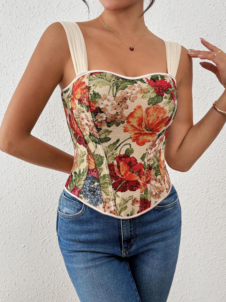 Retro Print French Fishbone European Slimming Outerwear Inner Layer Camisole Top