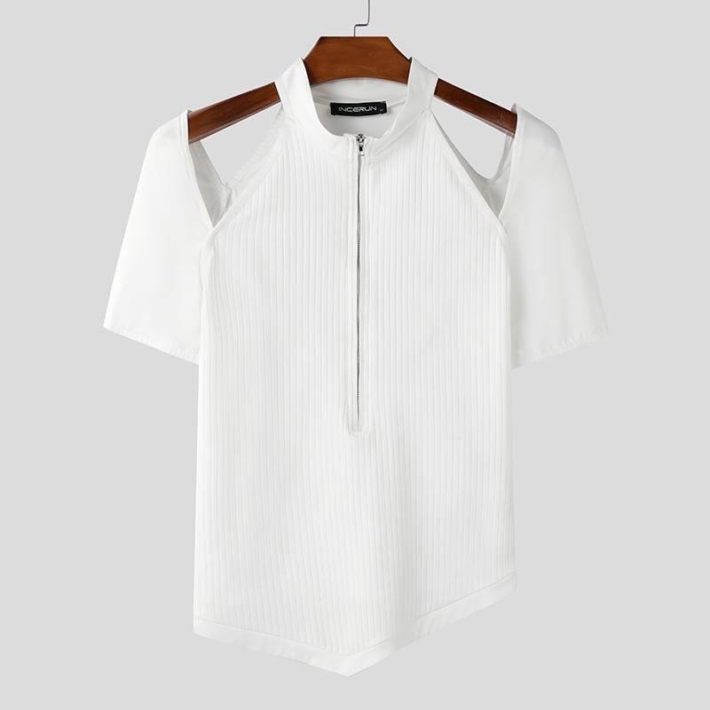 

INCERUN Летние мужские футболки с вырезом и коротким рукавом, с застежкой-молнией, в рубчик, повседневные, тонкие, топы 3XL белый