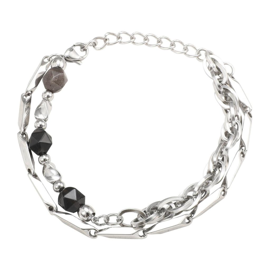 Obsidian Splicing Beaded Bracelet for Men Stainless Steel Unisex Versatile Hand Chain Cold Tone Personality Hip Hop Vintage Gift